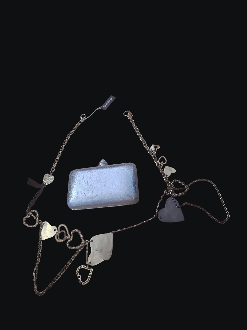 Gold Tone Heart Charm Long Necklace with Metallic Clutch